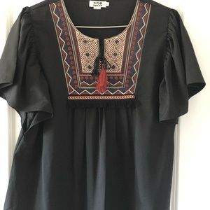 Flowy Silky Shirt with Neckline Embroidery